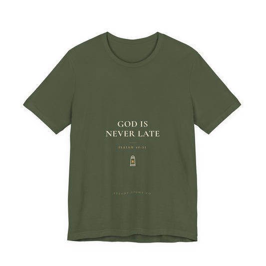 God Is Never Late Tee — Dark Colors by Steady Light Co. – product view 2