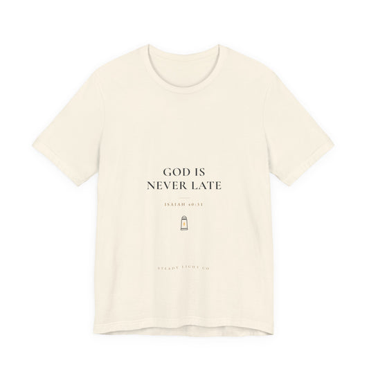 God Is Never Late Tee — Light Colors by Steady Light Co. – product view 2